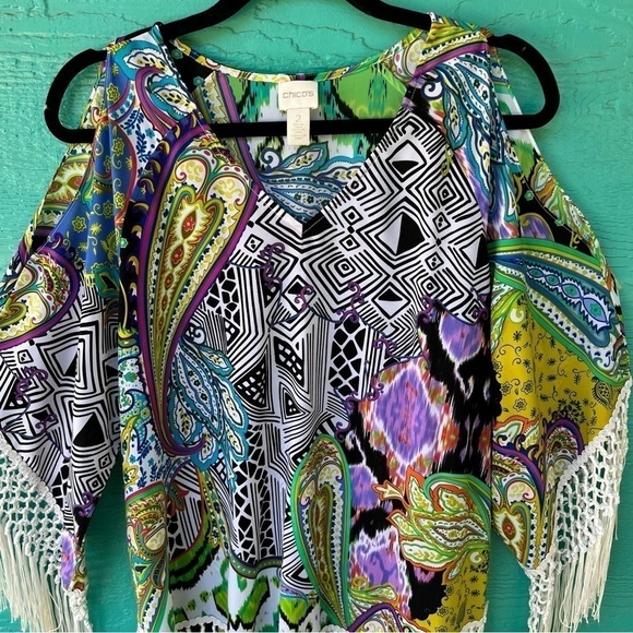 CHICO’S RETRO MACRAMÉ FRINGE PAISLEY MOD TUNIC TOP SIZE LARGE EUC - Picture 9 of 12